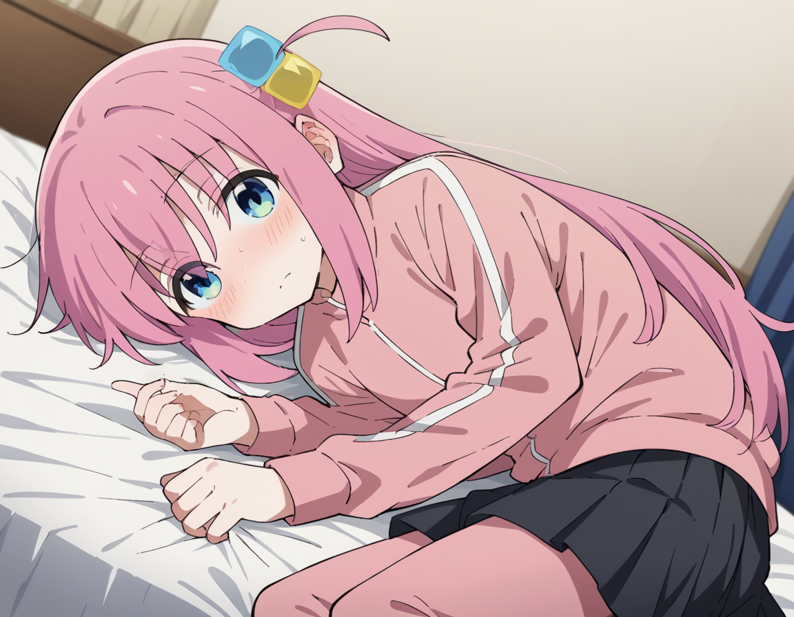 score_9, score_8_up, score_7_up, source_anime,
hitorigotou, <lora:hitori-gotou-s1-ponyxl-lora-nochekaiser:1>,
hitori gotou, blue eyes, cube hair ornament, hair between eyes, hair ornament, pink hair, one side up, long hair,
black skirt, jacket, long sleeves, pants, pants under skirt, pink jacket, pink pants, pleated skirt, skirt, track jacket, track pants, track suit,
indoors, bed, bed room, on side, blush, drunk,
cowboy shot, solo, dutch angle, looking at viewer,
