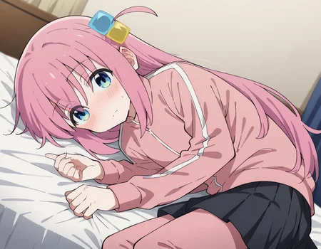 score_9, score_8_up, score_7_up, source_anime,
hitorigotou, <lora:hitori-gotou-s1-ponyxl-lora-nochekaiser:1>,
hitori gotou, blue eyes, cube hair ornament, hair between eyes, hair ornament, pink hair, one side up, long hair,
black skirt, jacket, long sleeves, pants, pants under skirt, pink jacket, pink pants, pleated skirt, skirt, track jacket, track pants, track suit,
indoors, bed, bed room, on side, blush, drunk,
cowboy shot, solo, dutch angle, looking at viewer,