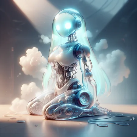 score_9, score_8_up, <lora:BubblyTech_PonyXL_B-000013:1>,bubblytech ,scifi, transparency, caustics , iridescent,
android female, long_hair,glowing hair, curvy,incubation vat, steam, cables in the _background, glowing eyes, sitting, on floor, head down,