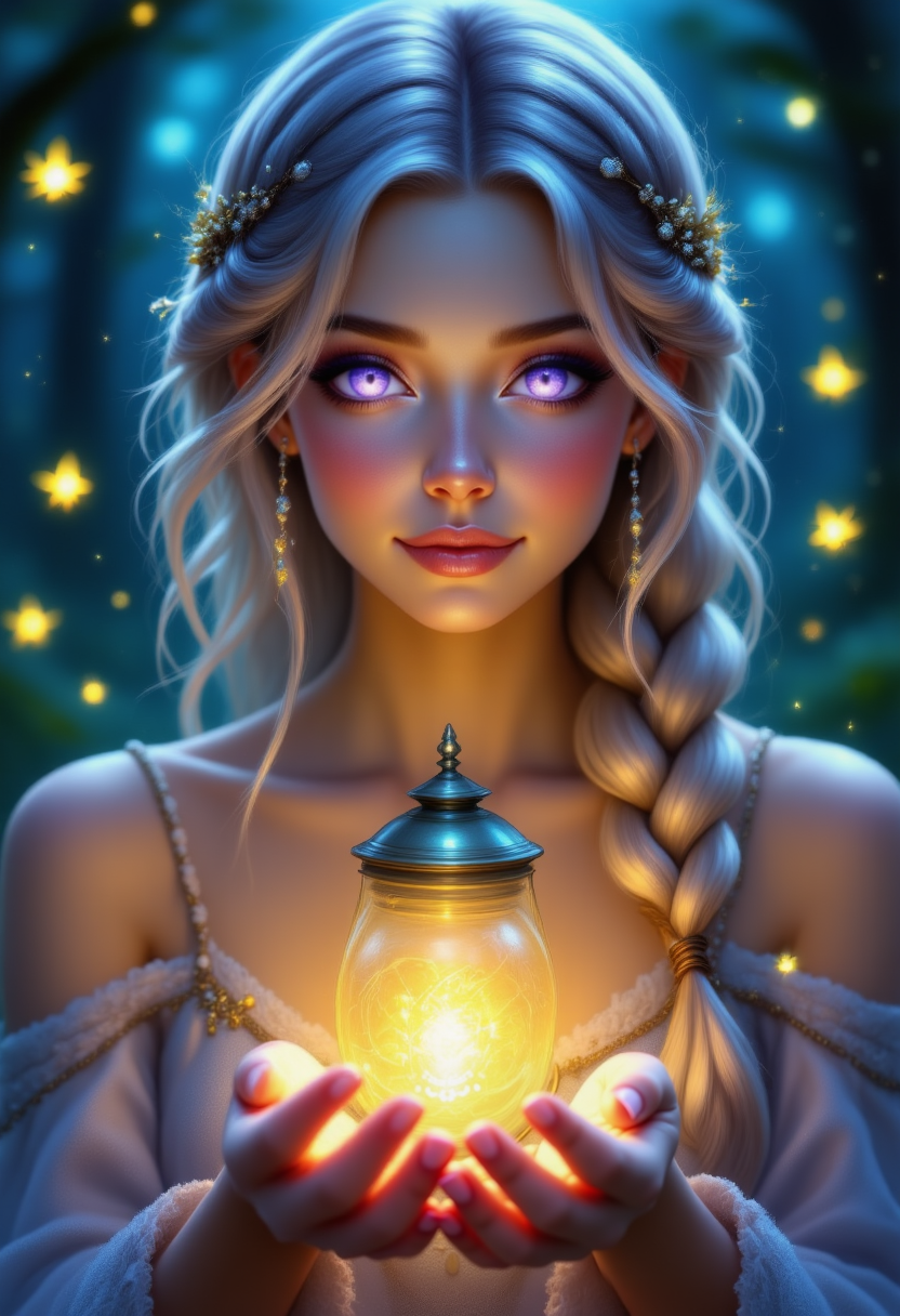 pinkhidreamfantasy, Woman with violet eyes, long ash-blonde braid, holding a lantern glowing with soft light, surrounded by fireflies.
