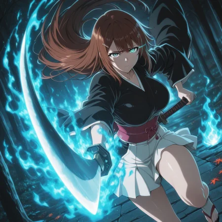 masterpiece, best quality, amazing quality, vslinxbleachtybw style, absurdres, perfect face, detailed face, eye_focus, 4ur4_illu,shiny,
(Girl:0.0), 1girl, cute, attractive, brown hair, long hair, very long hair, bangs, hairclip, grey eyes, ultra-detailed anime eyes, eye trail, large breasts, kimono, dark kimono, Wide sleeves, sash, obi,  white skirt, white knee high stocking, sandals, katana, sheathed,
(Pose:0.0), ((looking at viewer)), fighting stance, windy, dynamic pose, dynamic composition, katana, green flames, blue flames, 
(Emotion:0.0) serious, eyes open, closed mouth, furrowed brow, 
(Scene:0.0), cowboy shot, from front, dutch angle, outdoors, windy, maple tree, maple leaves, scenery, detailed background, depth of field, flame_theme, dark_theme, detailed backgroud, aesthetic,