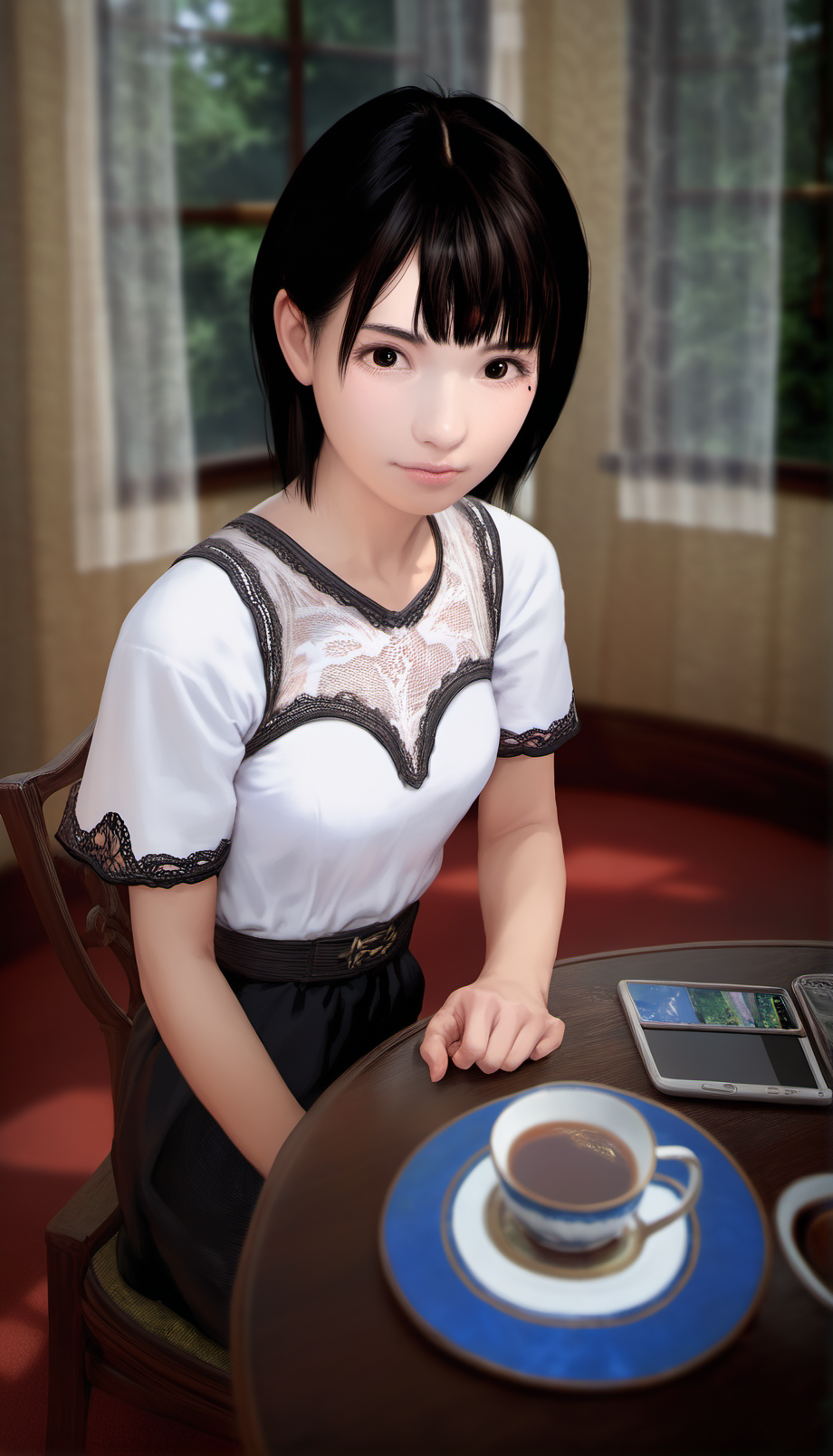 score_9,score_8_up,score_7_up,<lora:ChisatoShinjo:1>,
chisatoshinjo,
realistic,
1girl,solo,black hair,short hair,bangs,brown eyes,beauty mark,looking at viewer,white blouse with lace details,black skirt,upper body,from above,sitting on a wooden chair,blurry background,indoors,living room,vintage room,at a round wooden table,cup of tea,smartphone on table,window,curtains,warm cozy atmosphere,