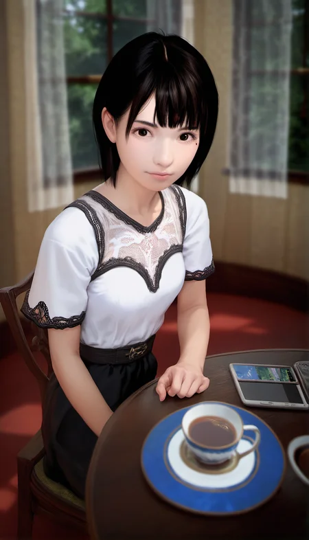 score_9,score_8_up,score_7_up,<lora:ChisatoShinjo:1>,
chisatoshinjo,
realistic,
1girl,solo,black hair,short hair,bangs,brown eyes,beauty mark,looking at viewer,white blouse with lace details,black skirt,upper body,from above,sitting on a wooden chair,blurry background,indoors,living room,vintage room,at a round wooden table,cup of tea,smartphone on table,window,curtains,warm cozy atmosphere,