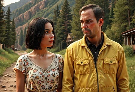 cinematic film still, lifestyle shot
saturated colors,  
negative space, 
1 adult man, 
RDR2John, black hair, brown eyes, facial hair
(breaking bad style), face of Jessie Pinkman, short hair, fair complexion, casual dress code, 
leading lines, ray tracing, 
backdrop is a cowboy camp in 1899, 10am.