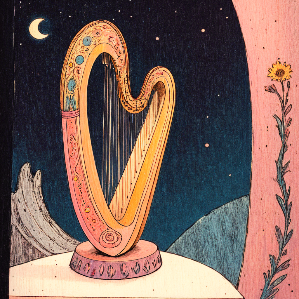 <lora:Pastel_ReverieSDXL:1> ArsMJStyle, Pastel Reverie, The image shows a drawing of a harp on a table with mountains in the background and a moon in the sky., moon, instrument, no humans, traditional media, flower, tree, full moon, mountain