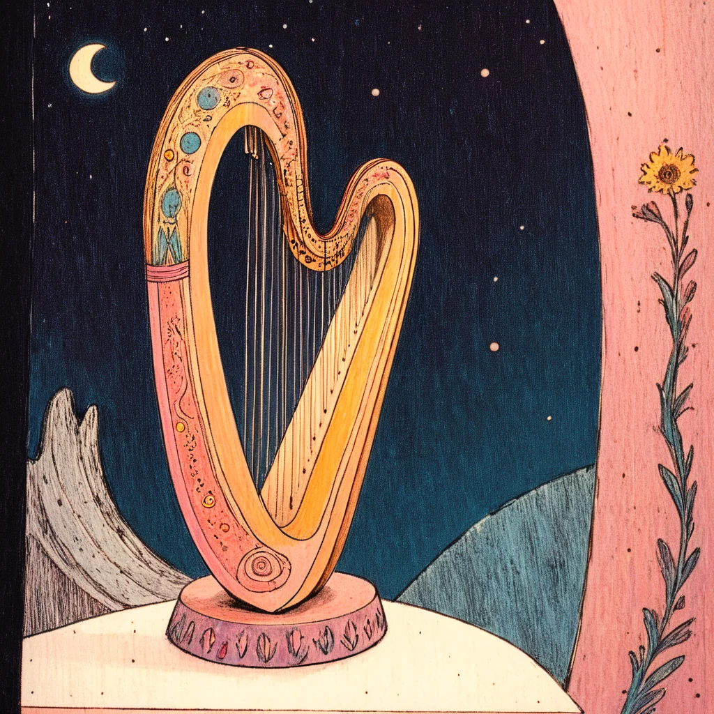 <lora:Pastel_ReverieSDXL:1> ArsMJStyle, Pastel Reverie, The image shows a drawing of a harp on a table with mountains in the background and a moon in the sky., moon, instrument, no humans, traditional media, flower, tree, full moon, mountain