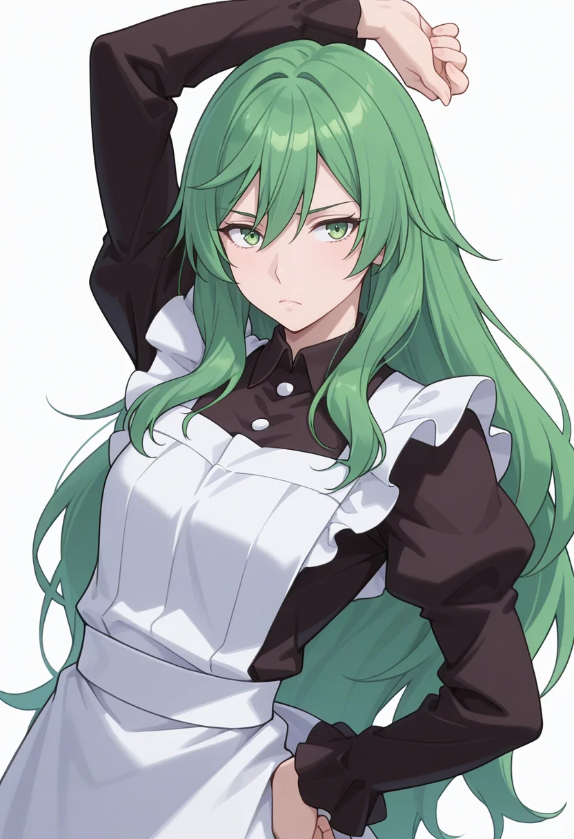 Smooth Quality,masterpiece,very intricate, high quality details, ultra realistic, high detailed skin,detailed enviorement,absurdres,
simple background, white background,
sideways,stretching, one arm raised, other on hip, slight side bend, relaxed body, ,disappointed,
<lora:Misery_cnn:0.8> 1girl, green hair, green eyes, hair between eyes, frown, very long hair, sidelocks,dress, shirt,maid apron, puffy sleeves, long sleeves, juliet sleeves, enmaided,