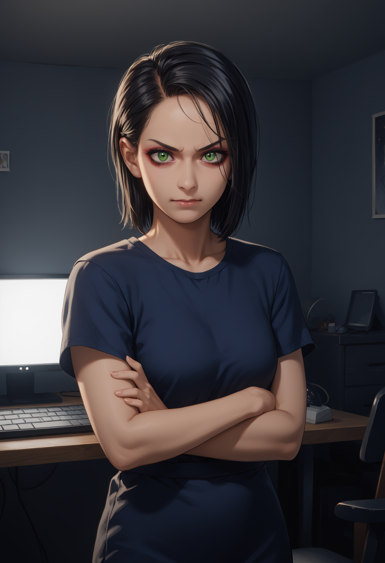 score_9, score_8_up,score_7_up, source_anime, 1girl, solo, <lora:trllsdr_pdxl_EliPot:1> swtrsu, medium hair, black hair, green eyes, mature female,makeup, v-shaped eyebrows,
gallant, intense gaze, slight smirk, arms crossed, wide stance, forward posture,
otaku room, dark room, glowing in the dark, night time, messy room, bedroom, computer, litter, uv blacklight,