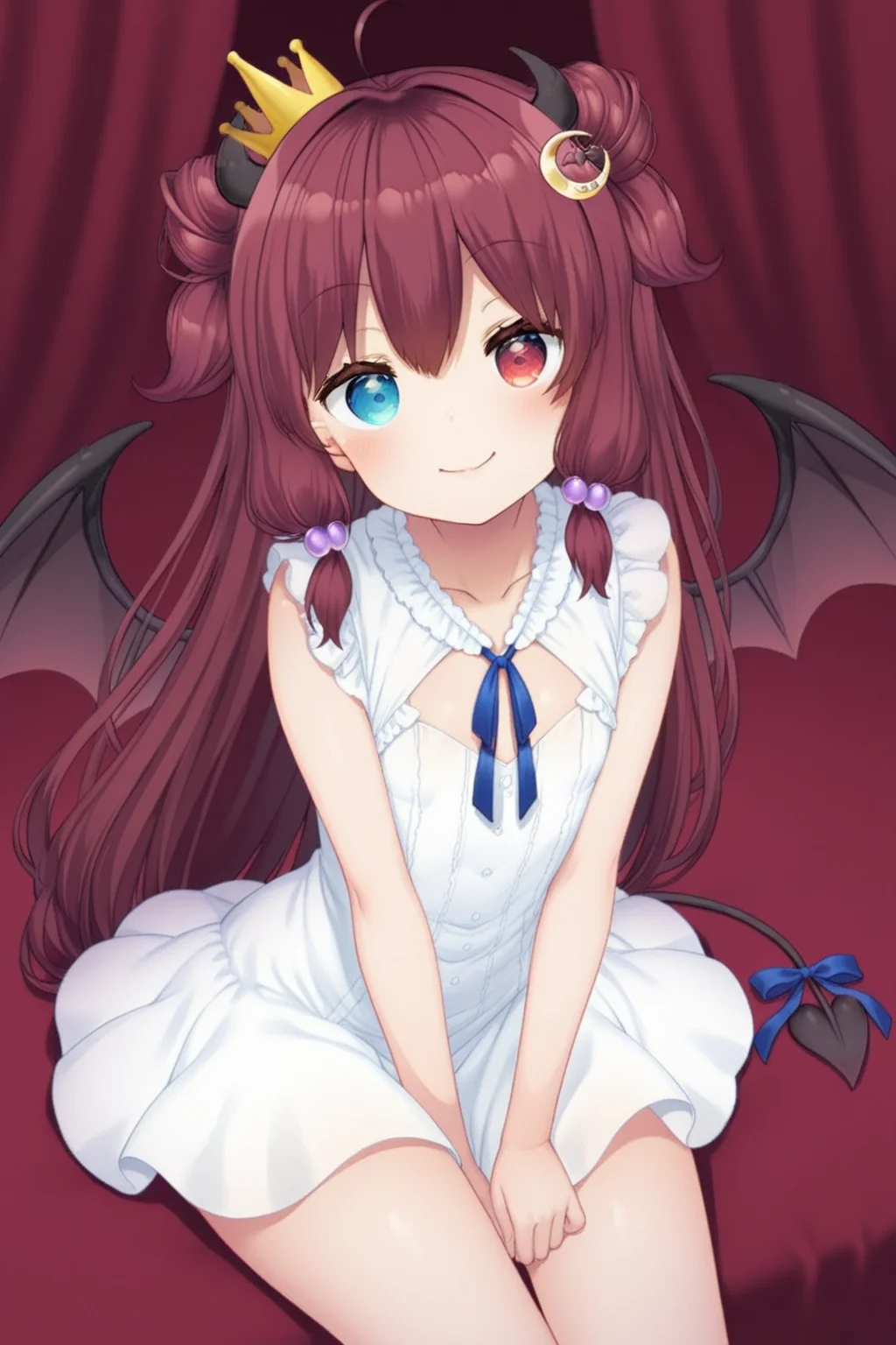 masterpiece, best quality, amazing quality,
nijiroa, flat chest, heterochromia, red eye, blue eye, red hair, symbol pupils, heart in eyes, mini horns, demon wings, demon tail, tail ribbon, long hair, ahoge, double bun, low tied hair, crescent ornament, mini crown, nijiroacos, white dress, short dress, frilled dress, sleeveless, breast cut, neck ribbon, blue ribbon