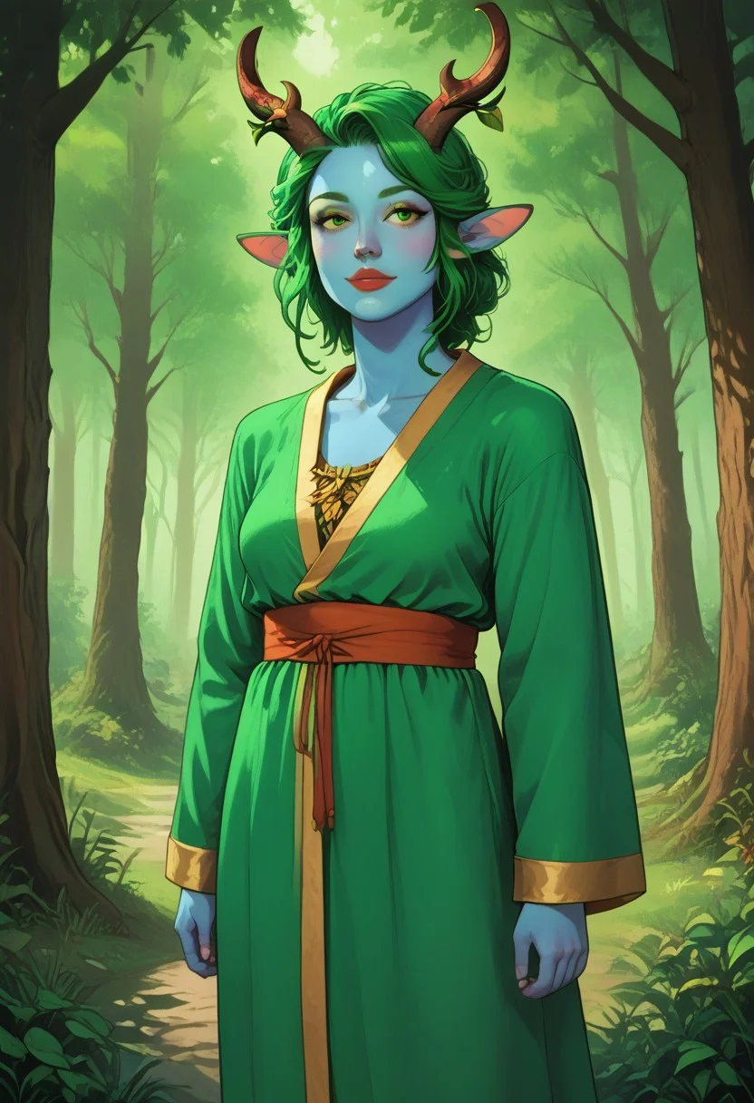 score_9, score_8_up, score_7_up, 1 character, solo, solo focus, cowboy-shot, BREAK, (((1 girl, blue skin, horns, wooden horns, green hair, satyr, faun, dryad, long green robe, robe, toga))