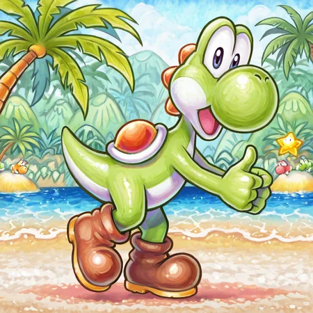 highres, incredible quality, 2d, watercolor, detailed face:1, detailed eyes:1, detailed hands, detailed eyes, good anatomy,((ynistyle)), yoshi, green body, yoshi from super mario, full body, happy, looking at viewer, nature, palmtrees, beach, brown boots, (solo, 1boy), dynamic pose, dynamic pose, thumbs up