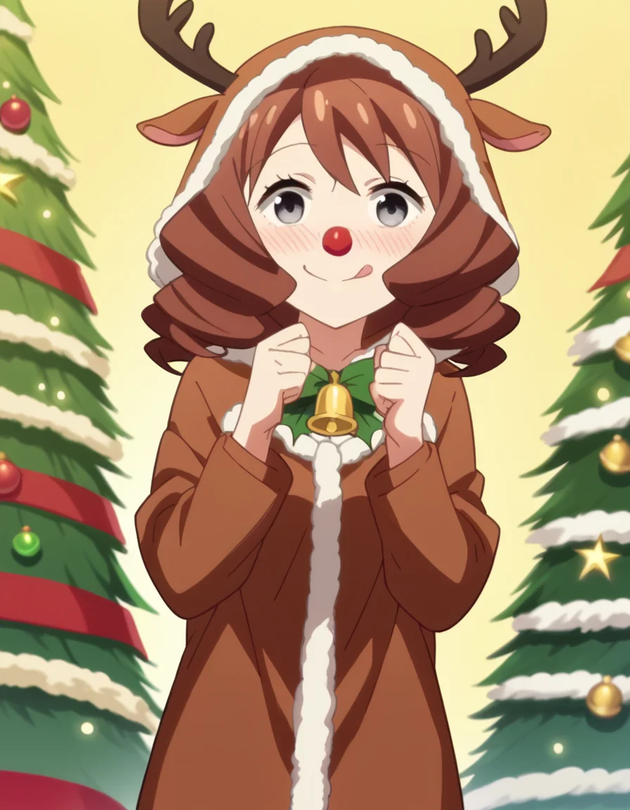 score_9, score_8_up, score_7_up, source_anime, <lora:kazuko-hosogawa-s1-ponyxl-lora-nochekaiser:1>, kazuko hosogawa, brown hair, grey eyes, drill hair, medium breasts, anime screencap, <lora:reindeer-costume-ponyxl-lora-nochekaiser:1>, reindeer costume, animal costume, reindeer antlers, antlers, fake antlers, reindeer hood, christmas, red nose, deer ears, deer tail, christmas tree, bell, horns, reindeer,, blush, smile, tongue out, looking at viewer,, , dutch angle, cowboy shot