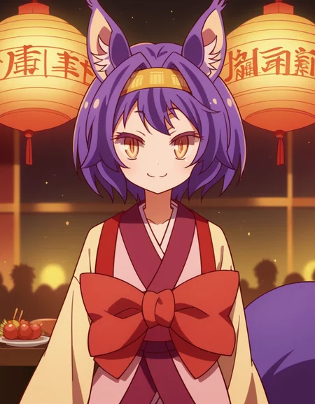 score_9, score_8_up, score_7_up, source_anime, <lora:izuna-hatsuse-s1-ponyxl-lora-nochekaiser:1>, izuna hatsuse, short hair, animal ears, purple hair, hairband, animal ear fluff, fox ears, slit pupils, yellow eyes,, bow, tail, japanese clothes, wide sleeves, kimono, fox tail, short kimono,, restaurant, laughter, good food, warm lighting, celebration, , looking at viewer, v, v over eyes, smile, solo,, cowboy shot, dutch angle