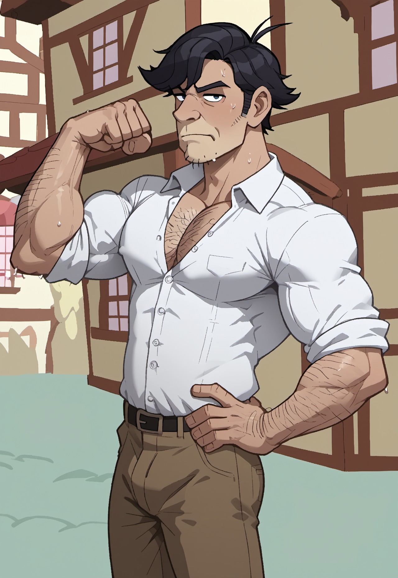 safe_pos, safe_pos, score_9, score_8_up, score_7_up, source_anime, rating_nsfw, ultra hd, absurdres, solo, 1boy, masterpiece, best quality, best aesthetic, Expressiveh, wolfconf,

MLPCDDonkey, donkey, long ears, black hair, dutch angle, stubble, white button up shirt, messy pants, hands on hips, ponyville, old man, wrinkles, arm hair, chest hair, flexing muscles, flexing arms, sweaty, (skinny)