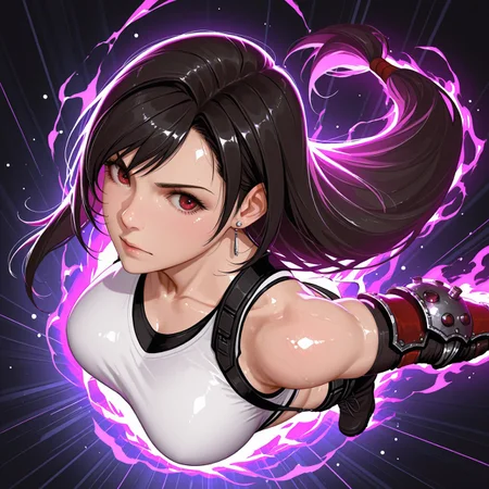 safe_pos, masterpiece, amazing quality, best quality, good quality, very aesthetic, absurdres, newest, 8K, depth of field, focused subject, in the style of cknc, artist:moriimee, in the style of cksc, BREAK side portrait of Tifa Lockhart (Final Fantasy VII), classic outfit, crop top, large breasts, panty peek, dynamic pose, action pose, dark background, silhouetted, directional lighting, viewed, from above, artist:moriimee, in the style of ck-rw, easynegative, ng_deepnegative_v1_75t, fcNeg, glowing aura, jk, jk style, skindentation, perfecteyes, perfect skin, athletic, toned, shiny skin, shiny hair, lips, volumetric lighting, bokeh, backlighting, very aesthetic, Chiaroscuro Lighting, god rays