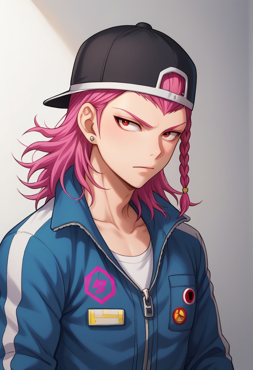 score_9, score_8_up, score_7_up, source_anime, highly detailed, 
kazuichi, 1boy, male focus, solo, pink hair, blue jumpsuit, jewelry, braid, earrings,
collarbone, red eyes, baseball cap, upper body, hat, medium hair,  facing viewer,
black headwear, side braid, bangs,
indoor,