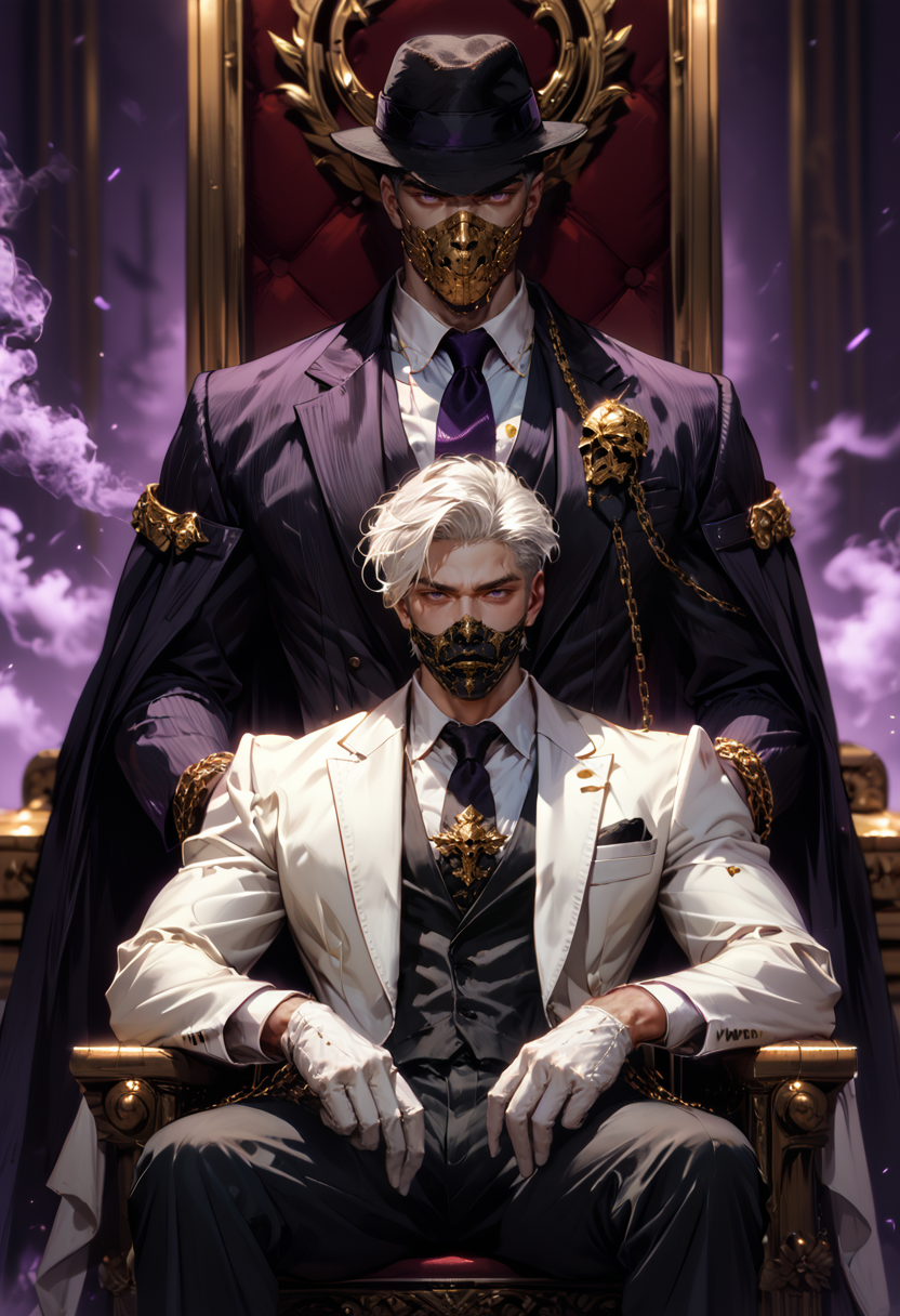 (score_9, score_8_up), score_7_up, 2boys, manly, tsurime, looking at viewer, serious, purple background, gold and purple theme, hand on hip, chains, fedora, white hair, muscular male, black hair, crew cut, arms crossed, hair slick back, short hair, sitting, standing, leg spread, throne, purple smoke, white gloves, necktie, black gloves, suit, gold chains, jewelry, white shirt, black vest, black pants, coat, gold mask, mouth mask, realistic, blurry background, depth of field, DOF, chaos, CINE, <lora:Mafia_Outfit:0.5> <lora:CINE-000012:0.4>