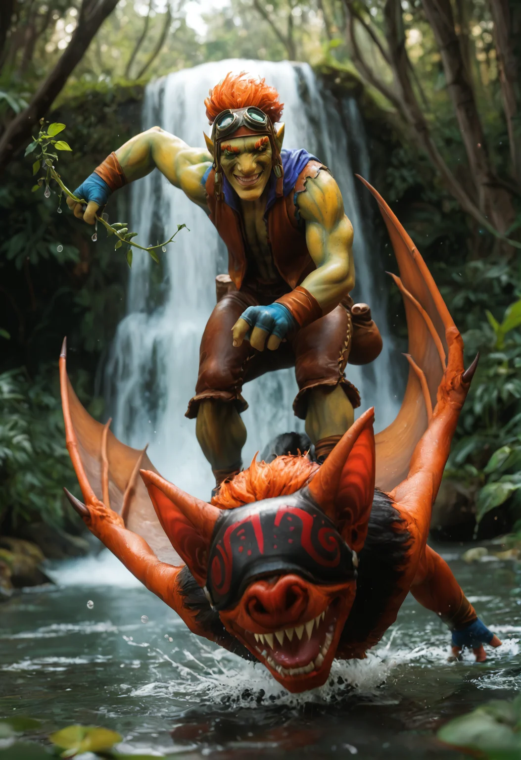 <lora:batrider_v1:1> yellow skin, batrider_v1, 1boy, goggles, goggles on head, bat, riding a bat, colored skin, smile, pointy ears, gloves, teeth, grin, wings, orange hair, riding, red hair, sharp teeth, yellow eyes, score_9, score_8_up, score_7_up, score_6_up, derpibooru_p_95,
detailed eyes, beautiful, detailed background, perfect eyes,
blur censor, blurry, blurry background, blurry foreground, bokeh, motion blur,
chromatic aberration, depth of field, figure, focused,  focus
photography, realistic sun light and shadows, photorealism, UHD --ar 9:16 --style raw --stylize 700,
solo,
midday, sunny, vibrant colors, god rays,jungle forest, majestic waterfall, light glinting off water, rainbow refraction on water droplets, holding a vine, grabbing, swinging, floating, dynamic pose, smile, cute pose, detailed background, looking at viewer, full body, naughty face, blush, suggestive fluid, sexy, , swinging,
