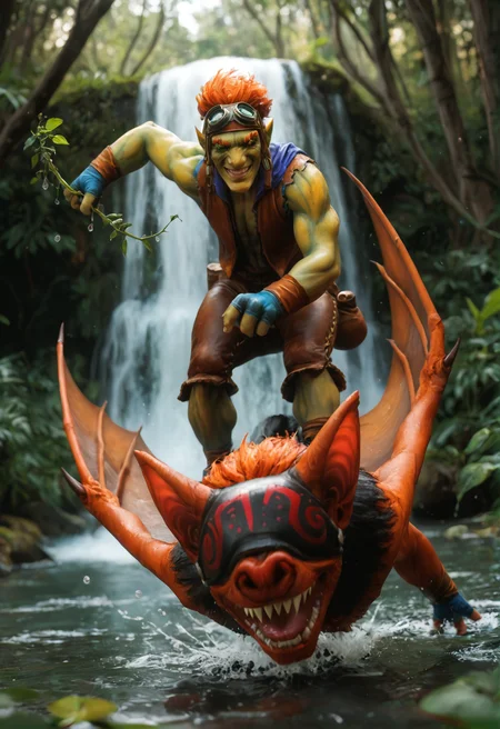 <lora:batrider_v1:1> yellow skin, batrider_v1, 1boy, goggles, goggles on head, bat, riding a bat, colored skin, smile, pointy ears, gloves, teeth, grin, wings, orange hair, riding, red hair, sharp teeth, yellow eyes, score_9, score_8_up, score_7_up, score_6_up, derpibooru_p_95,
detailed eyes, beautiful, detailed background, perfect eyes,
blur censor, blurry, blurry background, blurry foreground, bokeh, motion blur,
chromatic aberration, depth of field, figure, focused, focus
photography, realistic sun light and shadows, photorealism, UHD --ar 9:16 --style raw --stylize 700,
solo,
midday, sunny, vibrant colors, god rays,jungle forest, majestic waterfall, light glinting off water, rainbow refraction on water droplets, holding a vine, grabbing, swinging, floating, dynamic pose, smile, cute pose, detailed background, looking at viewer, full body, naughty face, blush, suggestive fluid, sexy, , swinging,