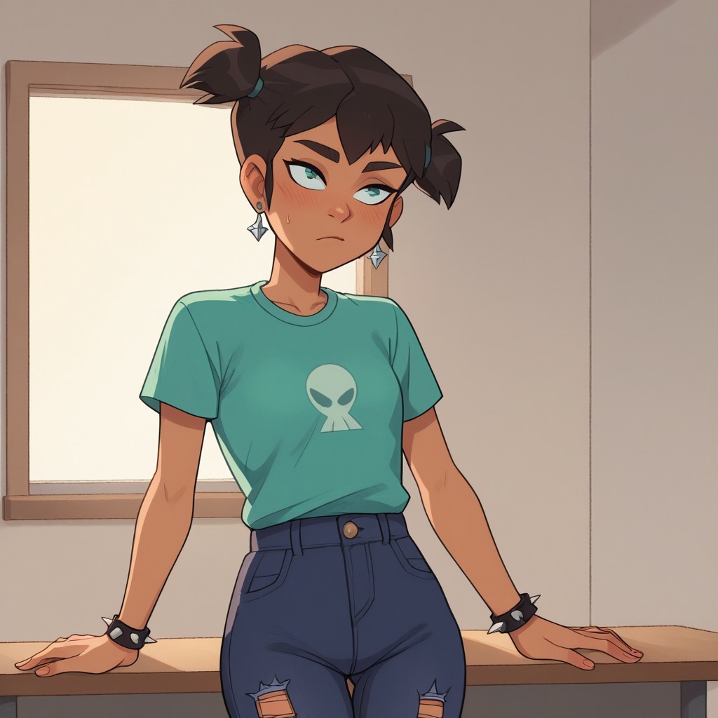 Expressiveh,zPDXL3,score_9_up, score_8_up, score_7_up, 1girl, solo,1girl ,solo,Dark-skinned female, Becker degona, torn pants, spiked bracelets, teal shirt,