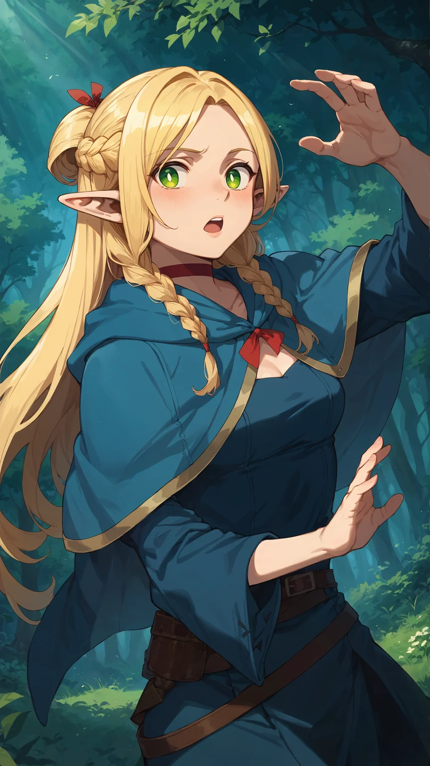 score_9,score_8_up,score_7_up,score_6_up, <lora:xl_more_art-full_v1:0.5>, source_anime, girl, dynamic pose, shushing, <lora:Marcille Donato - Pony:0.8>, long hair, blonde hair, braids, green eyes, pointy ears, elf ears, red hair ribbon, red choker, light blue capelet, blue robe, nature, light rays, outdoors,