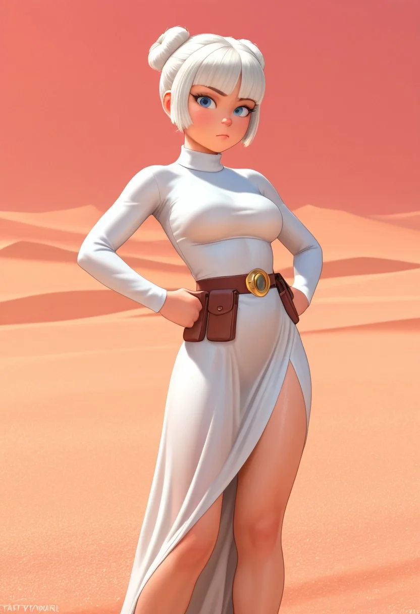 , taffytawir, 18 years old, white hair, bangs covering forehead, blue eyes, short hair,PRINCESS LEIA hair buns, bedroon eyes, horny expression, sexy pose, sexy legs, sexy, long white gown, smooth gown, white turtleneck, brown utility belt, holster, belt pouches, medium breasts, desert background, solo, hands on hip, masterpiece,best quality,amazing quality, athletic body, looking at viewer, dutch angle