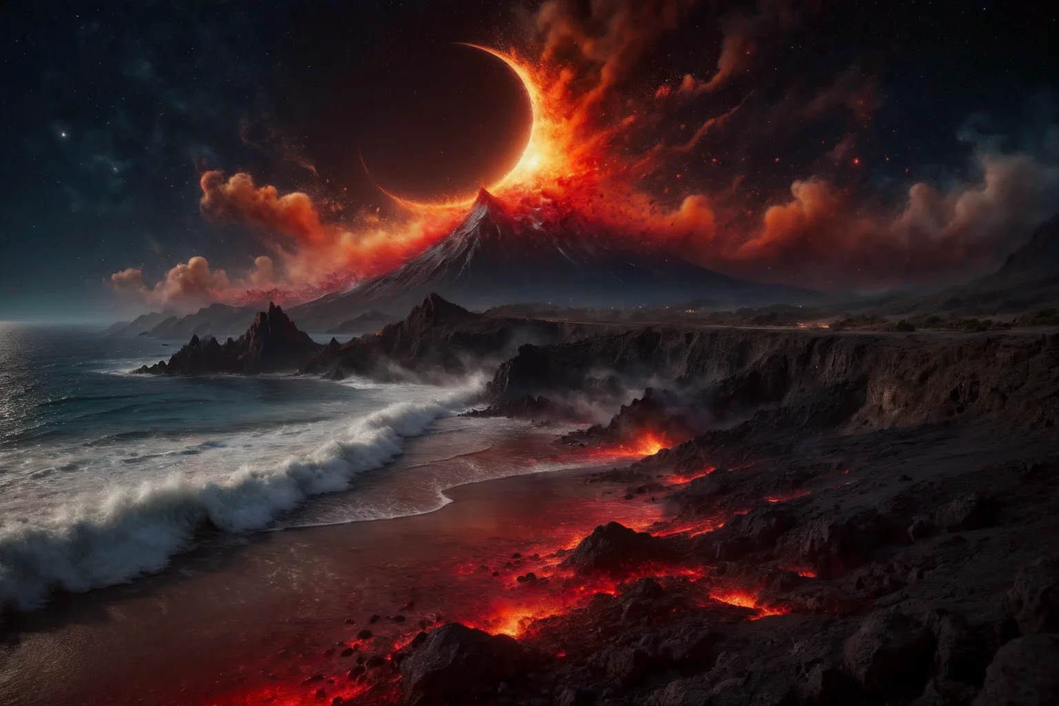 cinematic film still digital photograph, dslr, bokeh, professional photo, 4k, highly detailed, cinematic photo, photorealistic, starry night crescent moon glowing red , massive ocean waves crashing against the shore BREAK cinematic film still digital photograph, dslr, bokeh, professional photo, 4k, highly detailed, cinematic photo, photorealistic, starry night crescent moon glowing red , an erupting detailed mountain volcano, spewing smoke and lava BREAK cinematic film still digital photograph, dslr, bokeh, professional photo, 4k, highly detailed, cinematic photo, photorealistic, starry night crescent moon glowing red , lava and ocean mix exploding in steam and firey rock <lora:add-detail-xl:1.5> <lora:ral-dissolve:1> . shallow depth of field, vignette, highly detailed, high budget Hollywood movie, bokeh, cinemascope, moody, epic, gorgeous, film grain, grainy