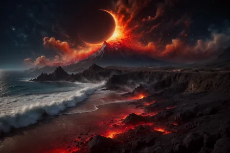 cinematic film still digital photograph, dslr, bokeh, professional photo, 4k, highly detailed, cinematic photo, photorealistic, starry night crescent moon glowing red , massive ocean waves crashing against the shore BREAK cinematic film still digital photograph, dslr, bokeh, professional photo, 4k, highly detailed, cinematic photo, photorealistic, starry night crescent moon glowing red , an erupting detailed mountain volcano, spewing smoke and lava BREAK cinematic film still digital photograph, dslr, bokeh, professional photo, 4k, highly detailed, cinematic photo, photorealistic, starry night crescent moon glowing red , lava and ocean mix exploding in steam and firey rock <lora:add-detail-xl:1.5> <lora:ral-dissolve:1> . shallow depth of field, vignette, highly detailed, high budget Hollywood movie, bokeh, cinemascope, moody, epic, gorgeous, film grain, grainy