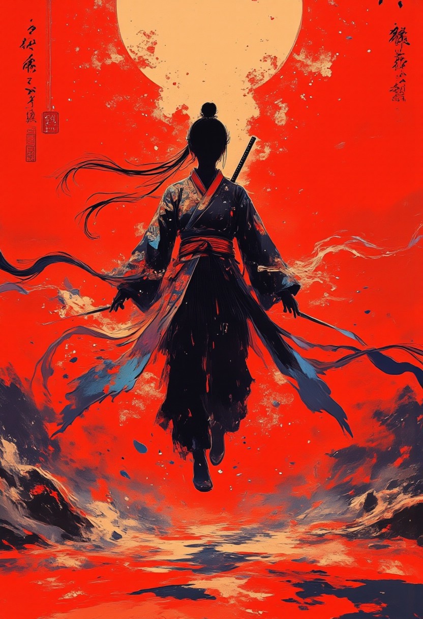 A captivating digital illustration of a female warrior mid air in fighting pose. She wears traditional yet sensual attire, set against a fiery red backdrop. The warrior stands confidently, her figure clad in a flowing, intricately designed kimono-inspired garment that blends elegance with combat readiness. The outfit features vibrant colors and patterns, such as golds, reds, and blues, symbolizing strength and cultural heritage. Her long, flowing hair cascades behind her, adding a dynamic sense of movement. A katana sword rests sheathed on her back, reinforcing her warrior persona. The lighting is dramatic, with the sun's golden rays piercing through the red haze, casting an otherworldly glow that highlights her silhouette. The composition balances strength and allure, with the interplay of deep shadows and vibrant tones creating a dramatic, intense atmosphere. This image captures the essence of a formidable female warrior poised on the brink of action, her silhouette a striking symbol of power against the passionate red canvas. Sensual fantasy, traditional fusion, epic heroine. aidmamj6.1, TOK, pscho_4rt, surreal
