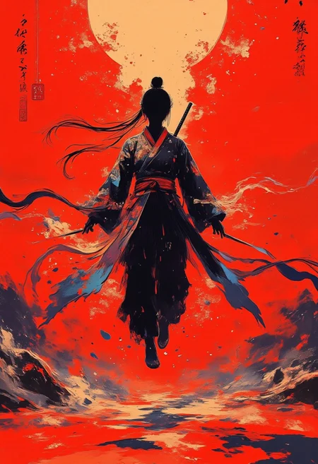 A captivating digital illustration of a female warrior mid air in fighting pose. She wears traditional yet sensual attire, set against a fiery red backdrop. The warrior stands confidently, her figure clad in a flowing, intricately designed kimono-inspired garment that blends elegance with combat readiness. The outfit features vibrant colors and patterns, such as golds, reds, and blues, symbolizing strength and cultural heritage. Her long, flowing hair cascades behind her, adding a dynamic sense of movement. A katana sword rests sheathed on her back, reinforcing her warrior persona. The lighting is dramatic, with the sun's golden rays piercing through the red haze, casting an otherworldly glow that highlights her silhouette. The composition balances strength and allure, with the interplay of deep shadows and vibrant tones creating a dramatic, intense atmosphere. This image captures the essence of a formidable female warrior poised on the brink of action, her silhouette a striking symbol of power against the passionate red canvas. Sensual fantasy, traditional fusion, epic heroine. aidmamj6.1, TOK, pscho_4rt, surreal