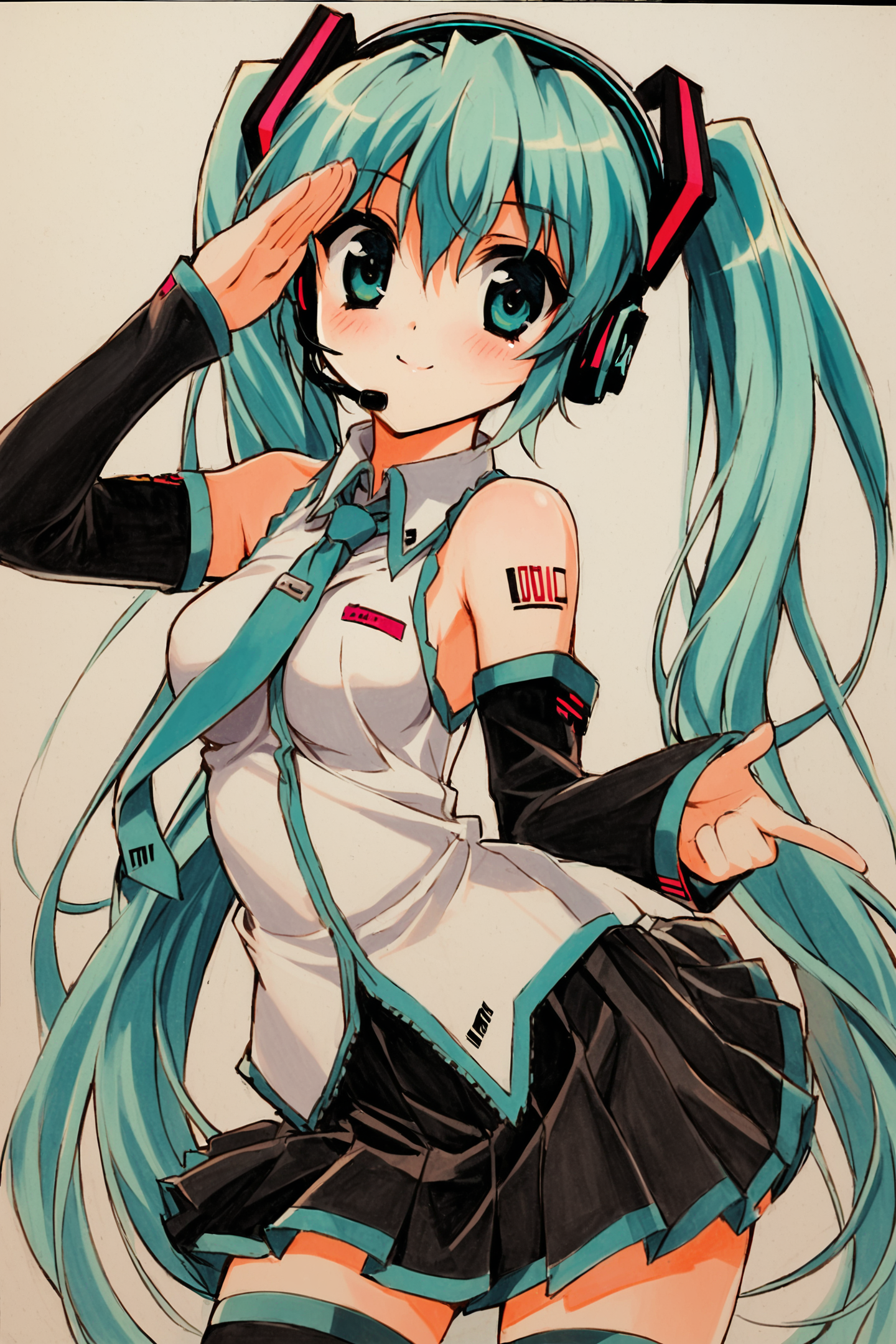1girl,long hair,solo,hatsune miku,thighhighs,twintails,skirt,detached sleeves,very long hair,necktie,smile,aqua eyes,aqua hair,tattoo,shirt,black thighhighs,sleeveless,zettai ryouiki,black skirt,looking at viewer,headset,sleeveless shirt,hair ornament,pleated skirt,bare shoulders,aqua necktie,headphones,shoulder tattoo,white shirt,standing,black sleeves,miniskirt,salute,traditional media,<lora:shaa_XL:0.8>,