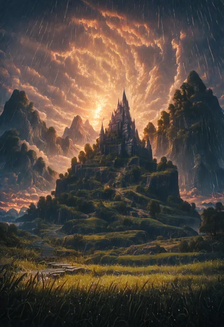 (from above:1.2), masterpiece, best quality, stbedap, depth of field, scenery, outdoors, cloud, no humans, sky, cloudy sky, castle, grass, stairs, nature, sunset, rain, tree, mountain, Fantasy, atmospheric perspective,Landscape <lora:cfg_scale_boost:0.5> <lora:Fant5yP0ny:0.5> <lora:Nature_Realistic_illustrations-_Illustrious:0.7> <lora:S1_Dramatic_Lighting_v2:0.9>