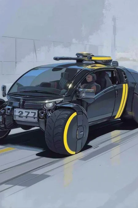 sydme1 painting
of a futuristic, sleek, and aerodynamic hovercrafts. The hovercrafts, labeled with the number "27, " features a futuristic design with a streamlined body and advanced aerodynamic features. The vehicle is predominantly black with yellow accents, including a bright yellow stripe running along the side and a yellow rim around the front wheel. The cockpit area is enclosed with a large, curved windshield, and the body has a metallic sheen, suggesting advanced materials and technology. <lora:sydme6_cap_d6a3:1.0><lora:811017712714309223:0>