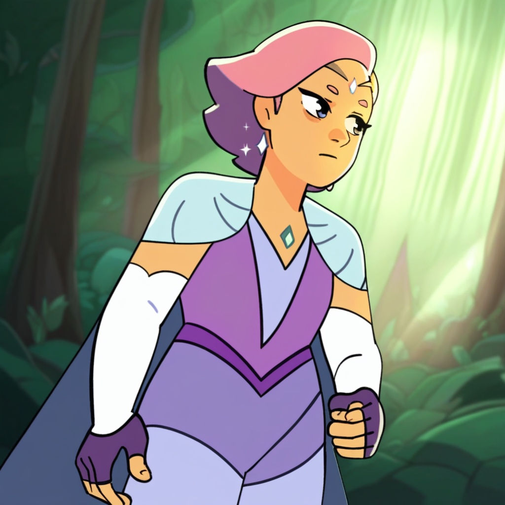 score_9, solo, glimmer_sr, pink hair, short hair, fingerless gloves, earrings, cape, forehead jewel, forest, natural lighting
