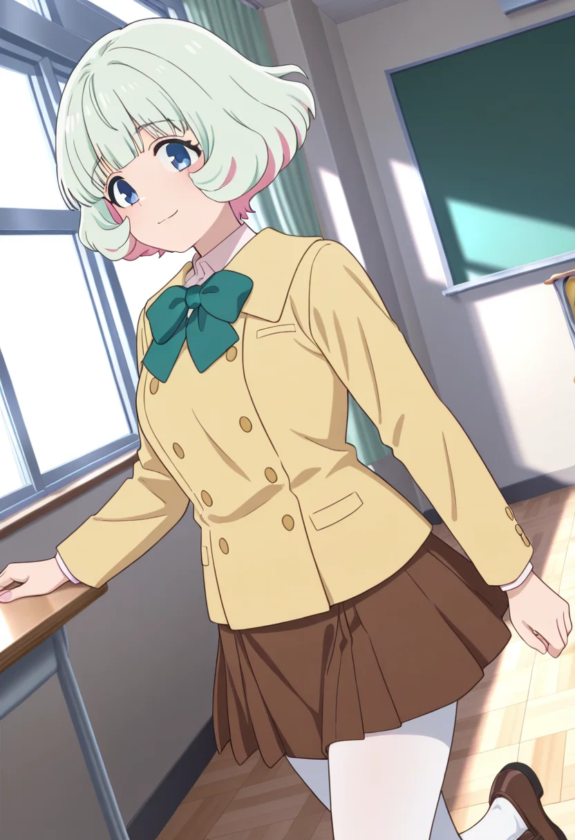 masterpiece,best quality,absurdres,perfect lighting,classroom,
*//*,<lora:HealerGirl_HibikiMorishima-Illustrious:1>,hibiki_morishima,1girl,solo,green hair,short hair,colored inner hair,pink hair,blue eyes,bangs,school uniform,yellow jacket,long sleeves,bowtie,green bow,brown skirt,pleated skirt,white pantyhose,shoes,brown footwear,loafers,
*//*,looking at viewer,cowboy shot,dutch angle,dynamic pose,light smile,