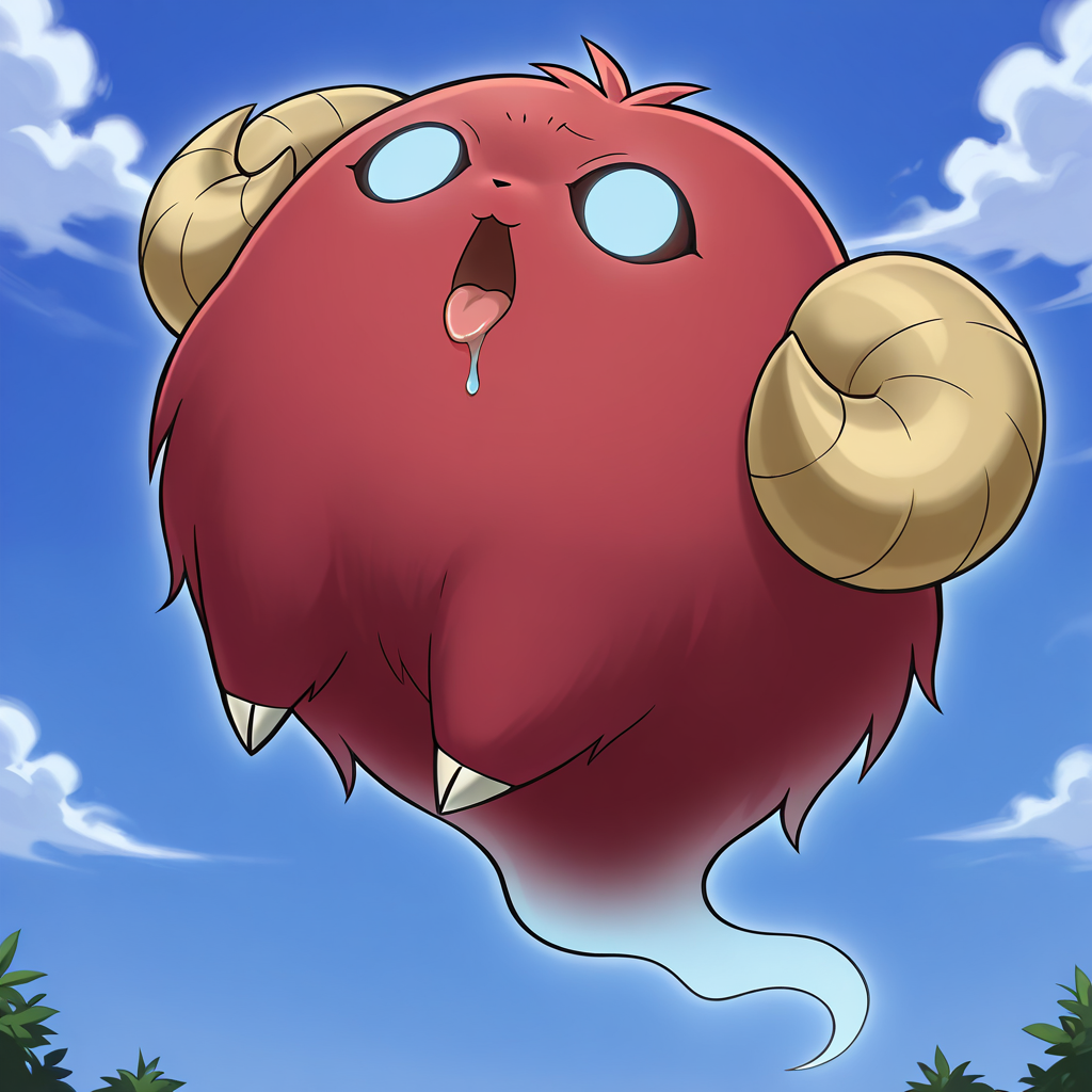 masterpiece,best quality,amazing quality, absurdes, highres,<lora:Scapeghost-000009:1>  Scapeghost,  ((solo)), no humans, grassy park background, day, clouds, sky,  (creature), blank eyes, simple background, sheep horns, (((red creature))),  fluffy, ghost, ghost tail,  ((only two limbs)), hungry eyes, open mouth, hunger noises, drooling, messy eater, tongue out,
(yu-gi-oh, yu-gi-oh art style, Takahiro Kagami style),