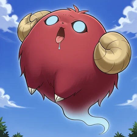 masterpiece,best quality,amazing quality, absurdes, highres,<lora:Scapeghost-000009:1>  Scapeghost,  ((solo)), no humans, grassy park background, day, clouds, sky,  (creature), blank eyes, simple background, sheep horns, (((red creature))),  fluffy, ghost, ghost tail,  ((only two limbs)), hungry eyes, open mouth, hunger noises, drooling, messy eater, tongue out,
(yu-gi-oh, yu-gi-oh art style, Takahiro Kagami style),