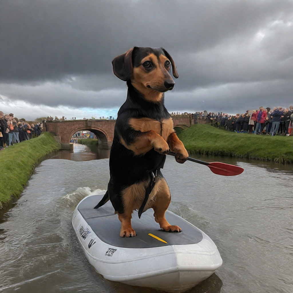 long shot scenic photo of an excited British crowd watch and take photos from afar as yunadogv2, a dachshund  standing on hindlegs on a body board is holding an oar looking very nervous is sailing down a canal in Cheshire England, in the background the British public watch and take pictures, grey sky, cloudy, comical, funny,  , depth of field, perfect lighting, best shadows, volumetric, perfect viewpoint, highly detailed, wide-angle lens, with dramatic sky,<lora:Yuna_dog_v3:1>,<lora:real-humans-PublicPrompts:1>, 3d fluffy, closeup cute and adorable, cute big circular reflective eyes, long fuzzy fur, Pixar render, unreal engine cinematic smooth, intricate detail, cinematic