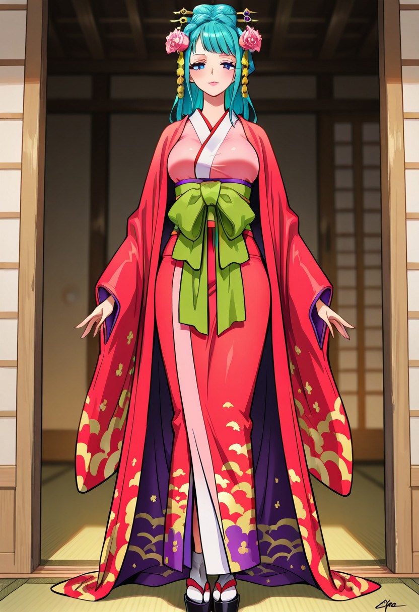 KouzukiHiyoriOP, 1girl, solo, slim woman, beautiful woman,  long hair, turquoise hair, aqua hair, hair reaches her waist, blue eyes, makeup, lips, fuchsia lipstick, hair ornament, hair flowers,  large breast, extremely opulent red furisode kimono, japanese clothes, wide sleeves, sash, geta, kanzashi, tabi, sandals,
seductive pose, sexy pose, tease, 
masterpiece, best quality, ultra-detailed, very aesthetic, detailed background, very aesthetic, newest, scenery, highres, 4k, absurdres, 8k, colorful,vibrant, glowing, perfect face, 2d, perfect eyes, detailed eyes, 
 masterpiece, best quality, ultra-detailed, very aesthetic, newest, scenery, absurdres, perfect anatomy, , perfect face, perfect eyes, clear eyes, beautiful eyes, athletic, curvy body, athletic girl, perky tits, perfect tits, round breasts, 
Smooth Negative,