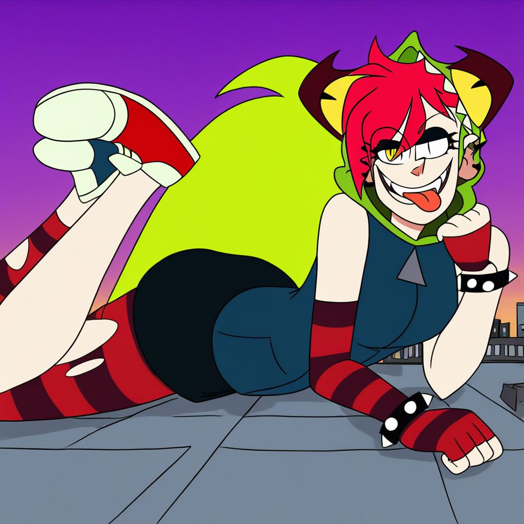 demencia, red hair, green ponytail, striped thighhighs, single striped sock, anklet, green monster hood, yellow eyes, sharp teeth, dark blue hoodie, single striped sleeve, red sneaker, blue sneaker, black skirt, smile, eyeshadow, spiked bracelet, zipper pull tab, torn pantyhose, glove, tongue out, Pov-giantess (macrogts:1.1) (laying on a city (prone) at sunset:1.1), the buildings underneath her body are crushed,