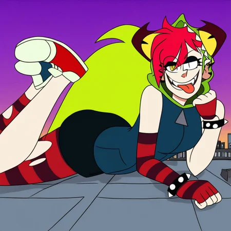 demencia, red hair, green ponytail, striped thighhighs, single striped sock, anklet, green monster hood, yellow eyes, sharp teeth, dark blue hoodie, single striped sleeve, red sneaker, blue sneaker, black skirt, smile, eyeshadow, spiked bracelet, zipper pull tab, torn pantyhose, glove, tongue out, Pov-giantess (macrogts:1.1) (laying on a city (prone) at sunset:1.1), the buildings underneath her body are crushed,
