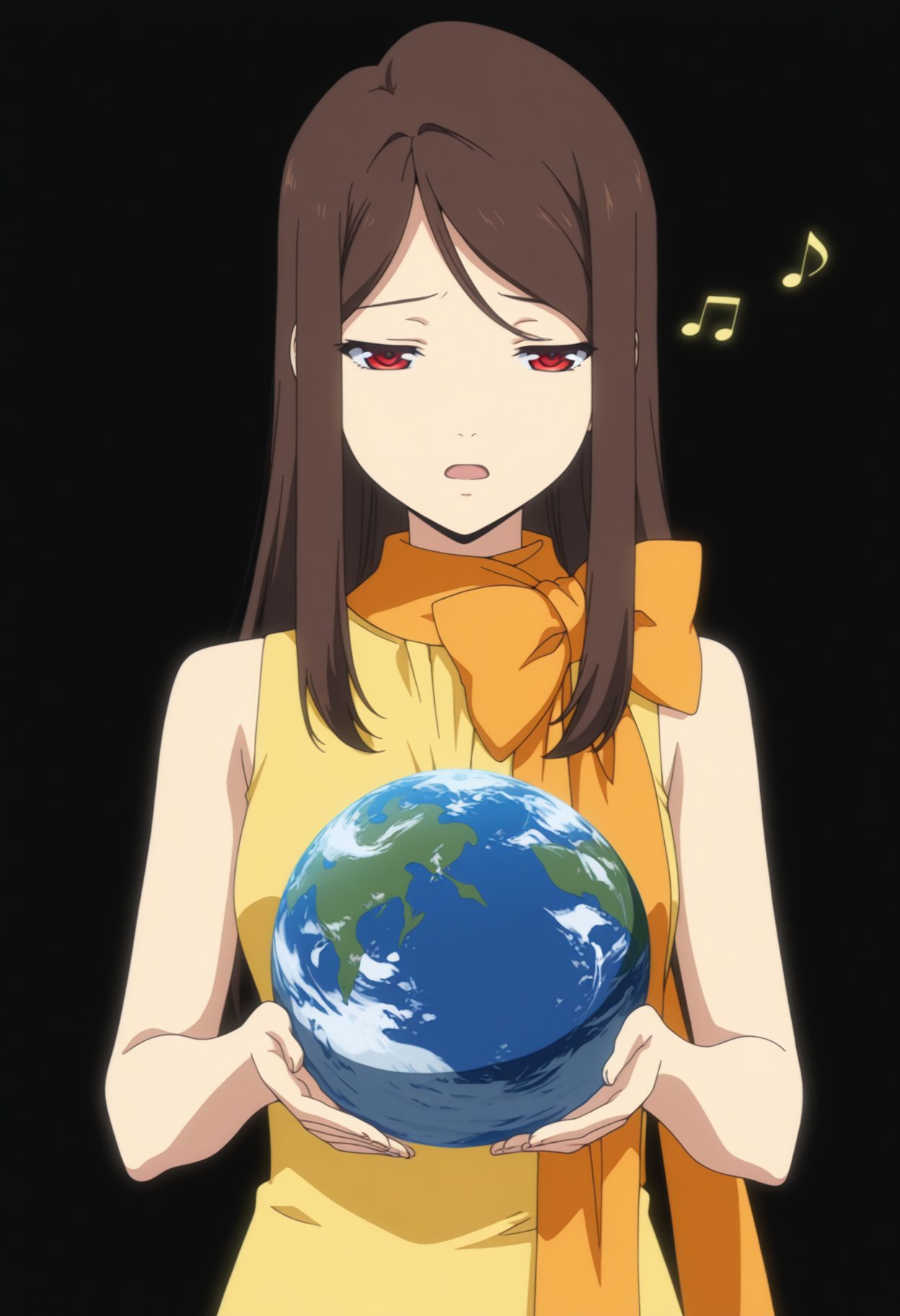 masterpiece, best quality, amazing quality, 1girl, solo,anime screencap, anime coloring,  yellow dress, red eyes, brown hair, long hair, parted hair, long sidelocks, hugging planet earth, upper body, singing, music, flying notes, musical note, black background, bloom, long dress, sleeveless dress, orange scarf, long scarf, scarf bow, medium breasts, sad,