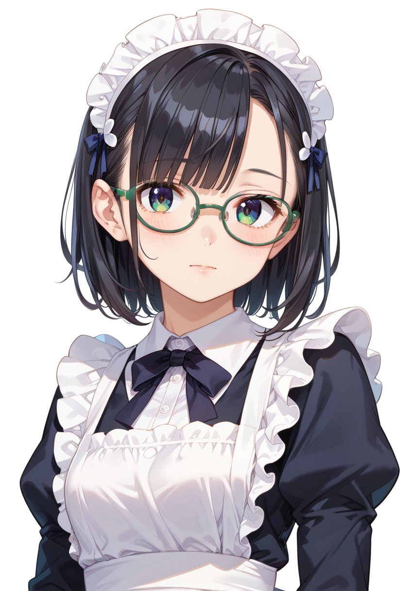 score_9, score_8_up, score_7_up, rating_safe, masterpiece, best quality, absurdres, unity 8k wallpaper, official art, official style, source_anime, uncensored, game cg, megami magazine,
1girl, solo, black hair, medium hair, upper body, covered eyes,maid, maid headdress, black dress, maid apron, face focus,
oval_metal, glasses, still life, white background, simple background, green-framed eyewear,
 <lora:glasses_OvalMetal2_PONY_V1:1>