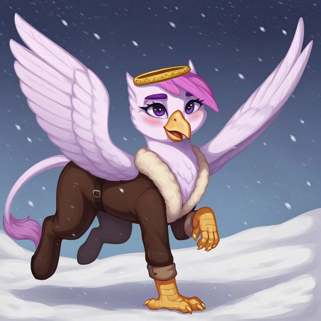 masterpiece, score_9_up, score_8_up, score_7_up, score_6_up, surace_furry, (best quality:1.1), ultra-detailed, high resolution, solo, Taillow Sumpfkiel, countess, griffon, avian, feral, female, ((beautiful detailed purple eyes)), long eyelashes, purple eyebrows, beak, smile, wings, tail, white feathers, feathery ears, (pink hair), yellow claws, anatomically correct, seductive look, modest gold crown, BREAK wearing a winter coat, dynamic pose, running, looking up, shy, blush, blushing, embarrassed, happy, laughing, hot breath BREAK (background-winter forest, snow, day, snowing), (FULL BODY), close up view, detailed facial features, expressiveh, highly visible, sharp focus, detailed background