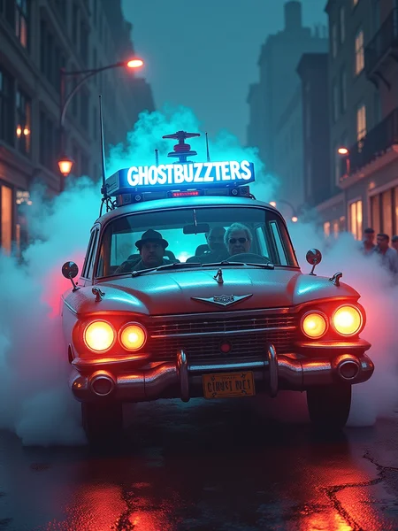 super hyper detailed realistic cool retro crazy weird cool ghostbusters car, with mega uber super duper lighting, in a realistic street, mystical smoke around, comic style text above the car says "GhostbuZZters", blinded windows, people in car
