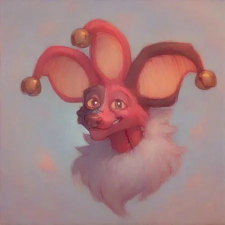 score_9, score_8_up, score_7_up, score_6_up, score_5_up, score_4_up, source_cartoon BREAK HyeheheMSMXL, red body, stitches, neck fluff, white neck fluff, 3 ears, jingle bells, jingle bells on ears, 1 jingle bell per ear, orange inner ears, yellow sclera, brown eyes, brown nose, sharp teeth, canine snout, white spade symbol on arm, spade symbol, white diamond symbol on thigh, red and white jester shoes, looking at viewer, smiling, happy, closed mouth, bust, pfp, cartoon, art by raytrac3r, toony, white pupils, digital media, thick lines, high contrast, vector BREAK best quality, 4k, 8k, 10k, 32k, HD, UHD, absurd quality, uploaded on DeviantArt