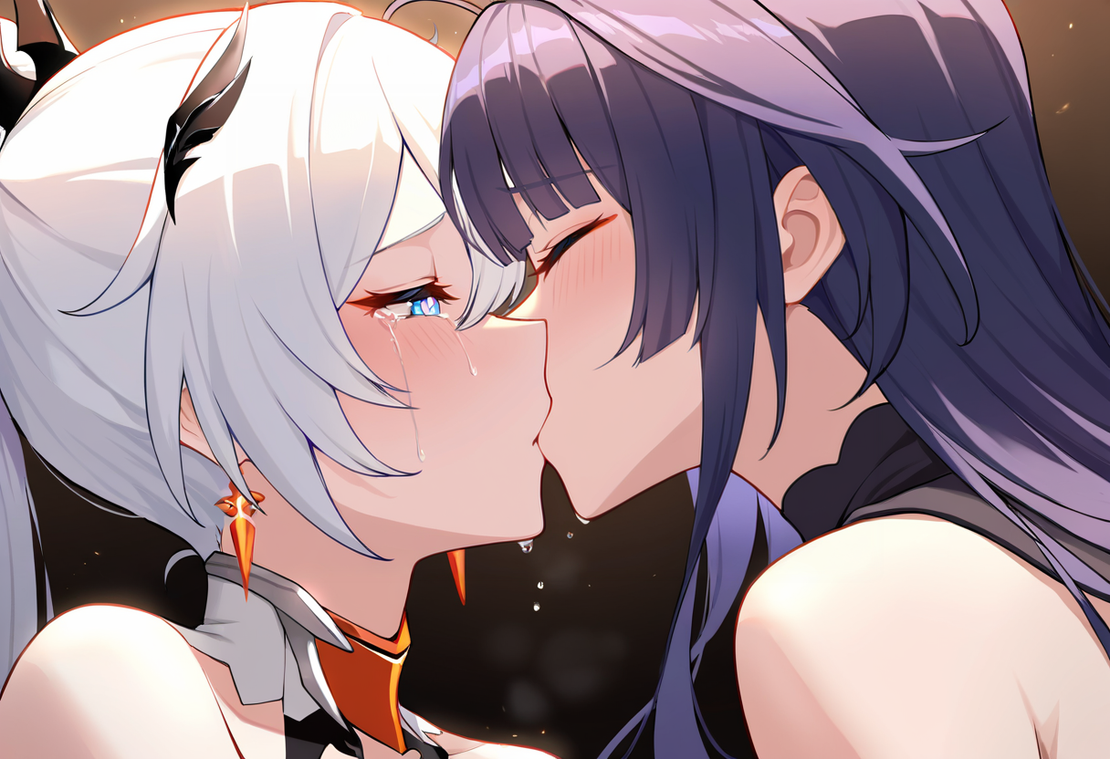 (very awa,masterpiece,best quality,year 2024,newest,highres,absurdres:1),
 kiana kaslana \(herrscher of flamescion\),raiden mei,kiss,happy tears,portrait,yuri,last kiss,sad end,sunlight,