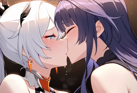 (very awa,masterpiece,best quality,year 2024,newest,highres,absurdres:1),
kiana kaslana \(herrscher of flamescion\),raiden mei,kiss,happy tears,portrait,yuri,last kiss,sad end,sunlight,