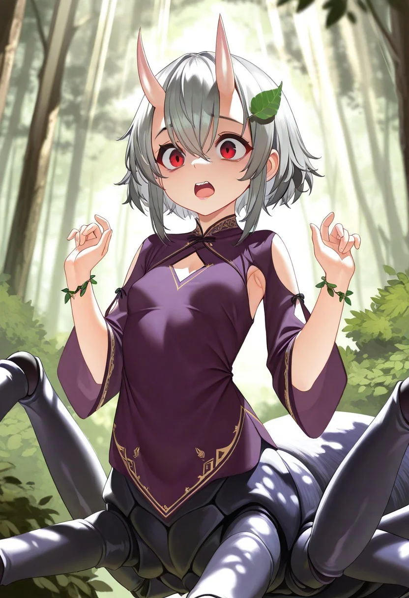 masterpiece, best quality, very aesthetic, absurdres,
1girl, solo, cowboy_shot,
little arachne, aged down,
taur, centauroid, spider girl,
red eyes, pinkish grey hair, short hair, sidelocks, hair between eyes, small breasts, skin-covered horns, arthropod limbs, multiple legs,
leaf hair ornament, purple shirt, three-quarter sleeves, arm cutout, armpit cutout, diamond cutout, leaf bracelet,
hands up, open mouth, upper teeth only, scared, surprised, raised inner eyebrows,
outdoors, nature, forest, plant, light rays, day, sunbeam, bush, dappled sunlight, tree, shadow,
az-ys-il