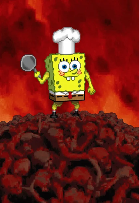 d00mstyle, SpongeBob Squarepants wearing a chef hat and holding a spatula up in hell. He is standing on top of a mountain of bones and skeletons and skulls.